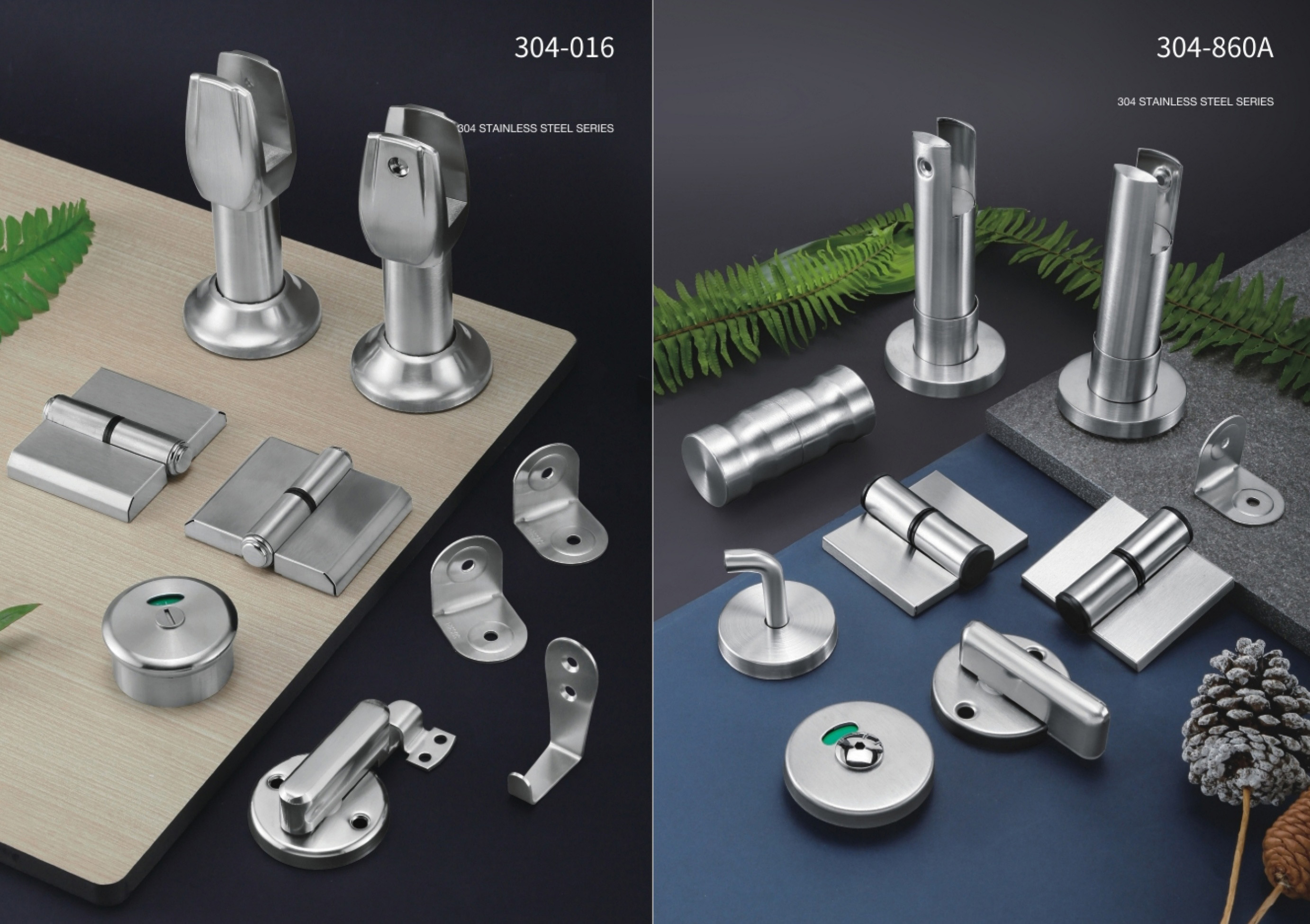 Stainless steel toilet partition hardware system including hinges, locks, support legs and connectors for commercial restroom cubicles